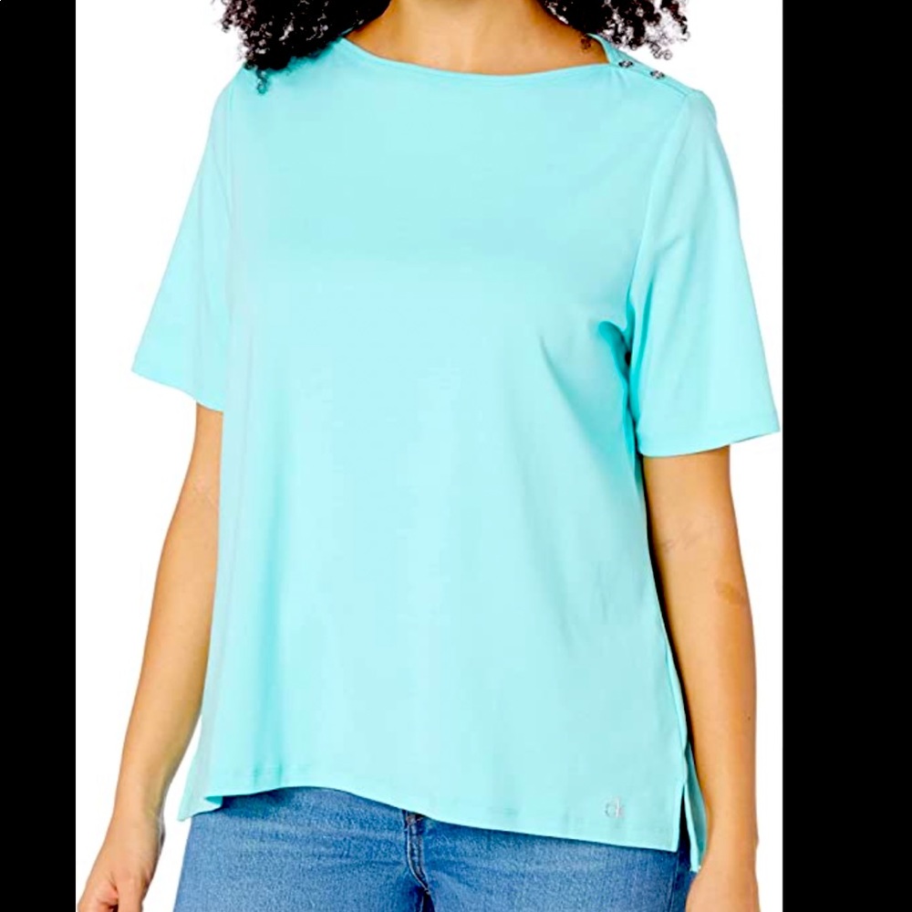 Calvin Klein Womens M Boat Neck Short Sleeve Blouse Aqua